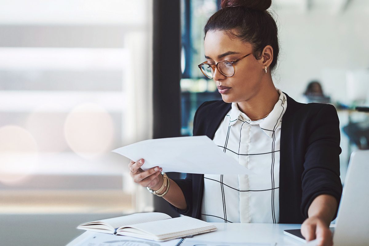 Business woman, documents and data analytics review, human resources infographics or employee report in office mockup. Professional HR worker with paperwork, charts or statistics of payroll on banner